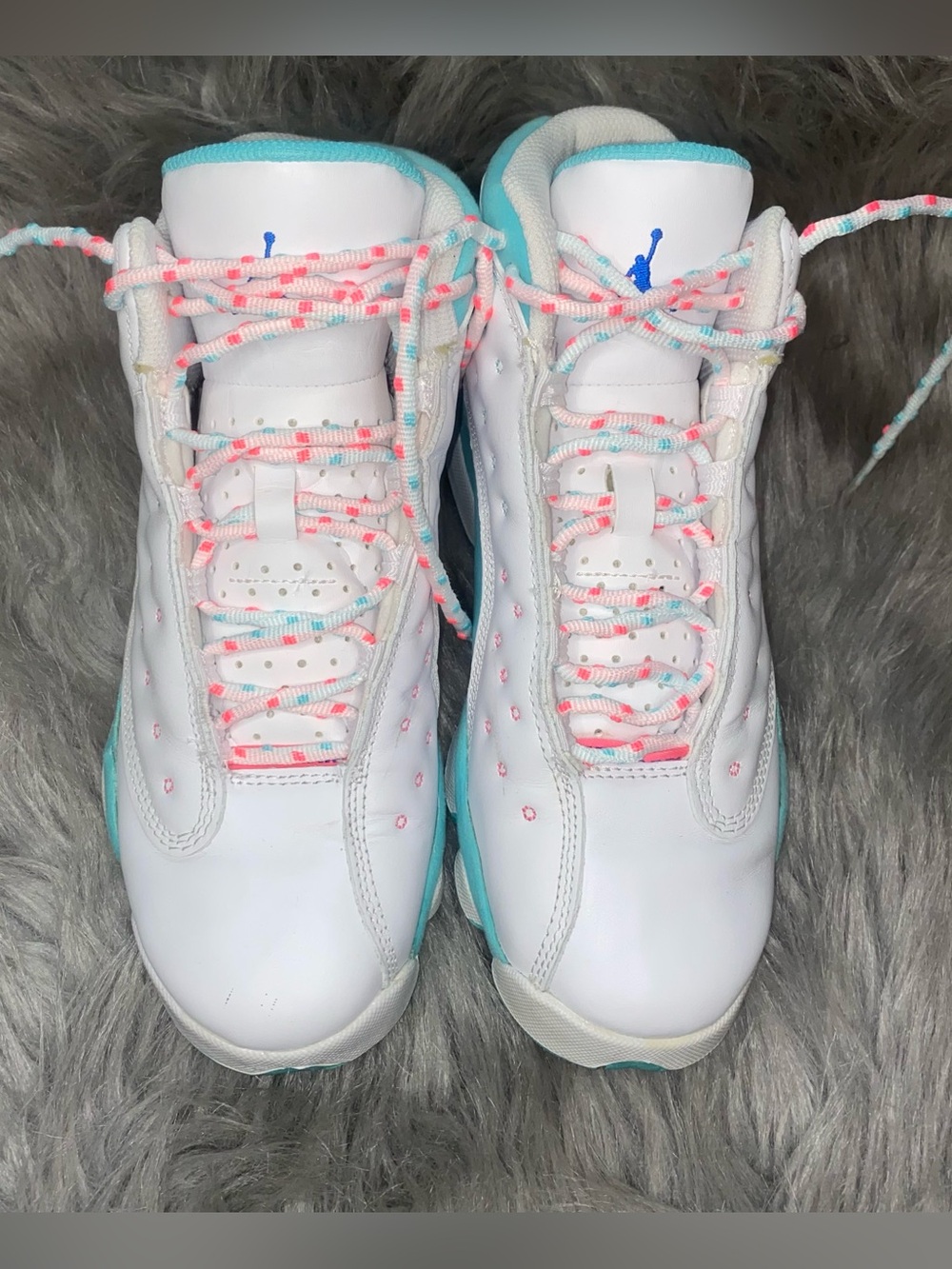 Jordan Kids White and Teal Athletic Shoes with Pink Accent Laces . Youth size 6